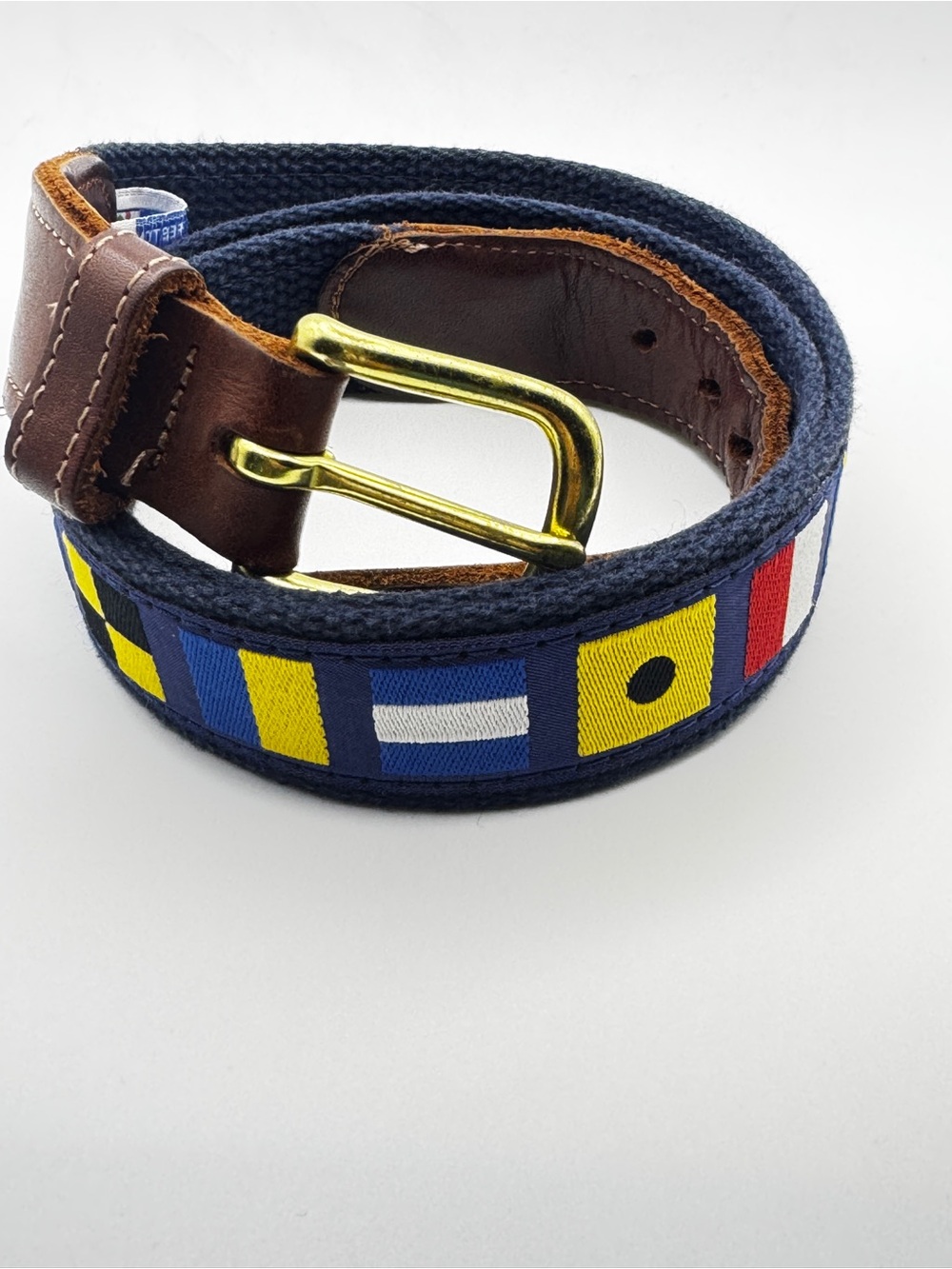 Preston Leather Mens Nautical Signal Flag Belt Size 36 Navy Blue Preppy USA